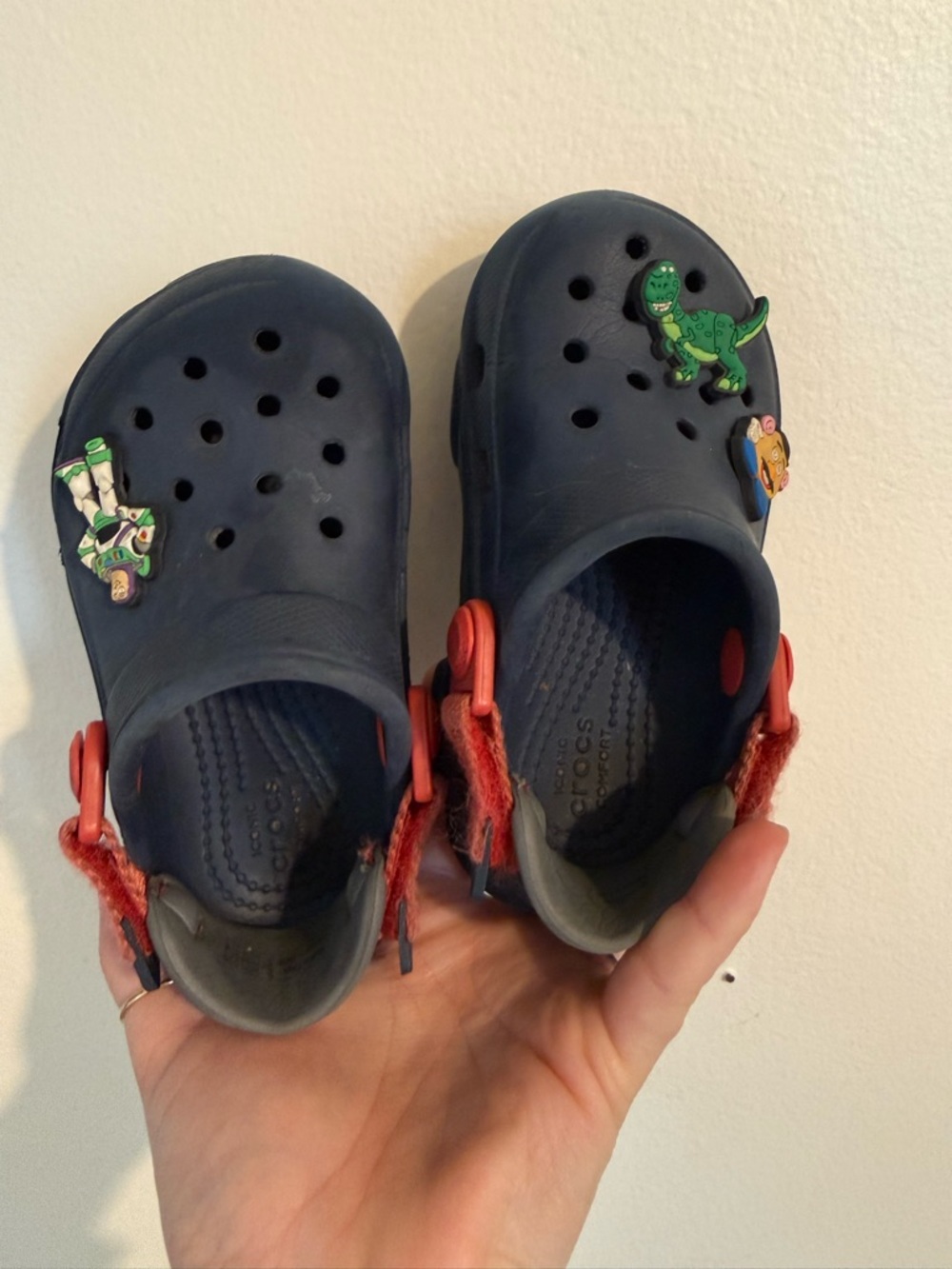CROCS Navy Blue Kids Clog Sandals with Red Straps and Character Charms